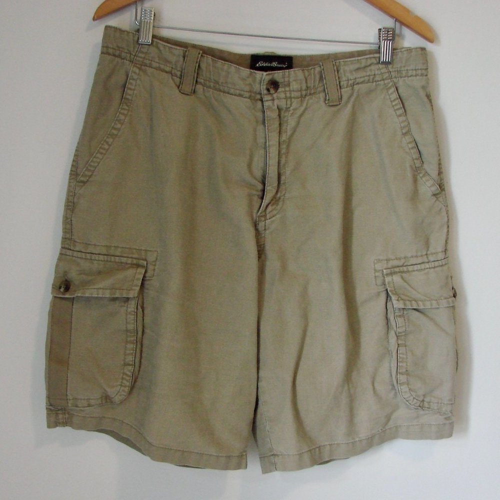 Khaki Cargo Shorts Flat Front Eddie Bauer Linen Cotton Utility Pockets Size 34
